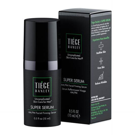 Tiege Hanley Super Serum front packaging shows compact 0.5 fl oz bottle and label benefits