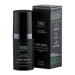 Tiege Hanley Super Serum front packaging shows compact 0.5 fl oz bottle and label benefits