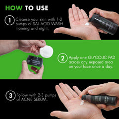 Tiege Hanley step-by-step usage with wash, pad, and serum for clarity