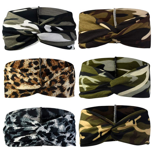 tiggell front packaging showing six camo and leopard headbands and styling options
