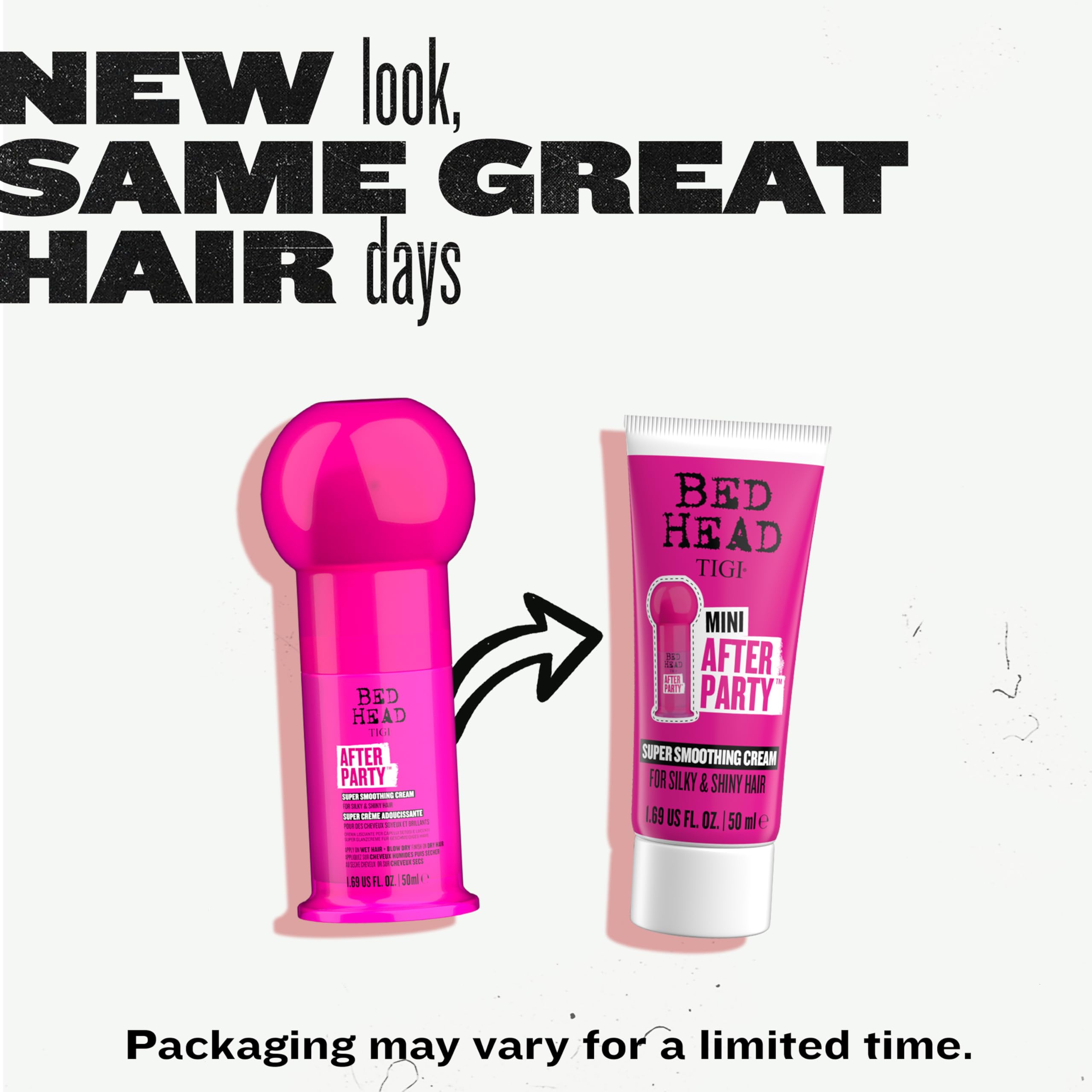 TIGI Bed Head before and after frizz comparison on hair, highlights visible smoothing benefit