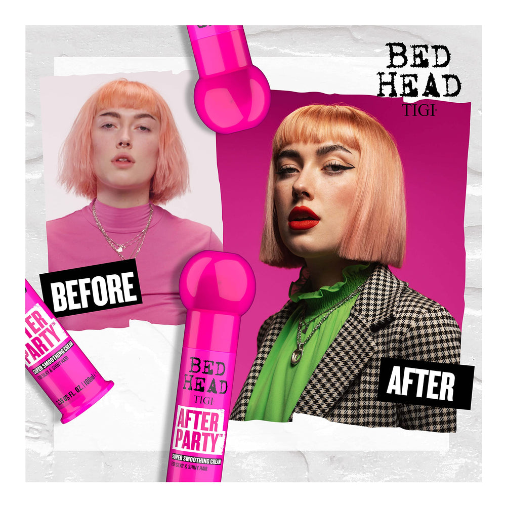 TIGI Bed Head before and after on hair demonstrating reduced frizz and gloss