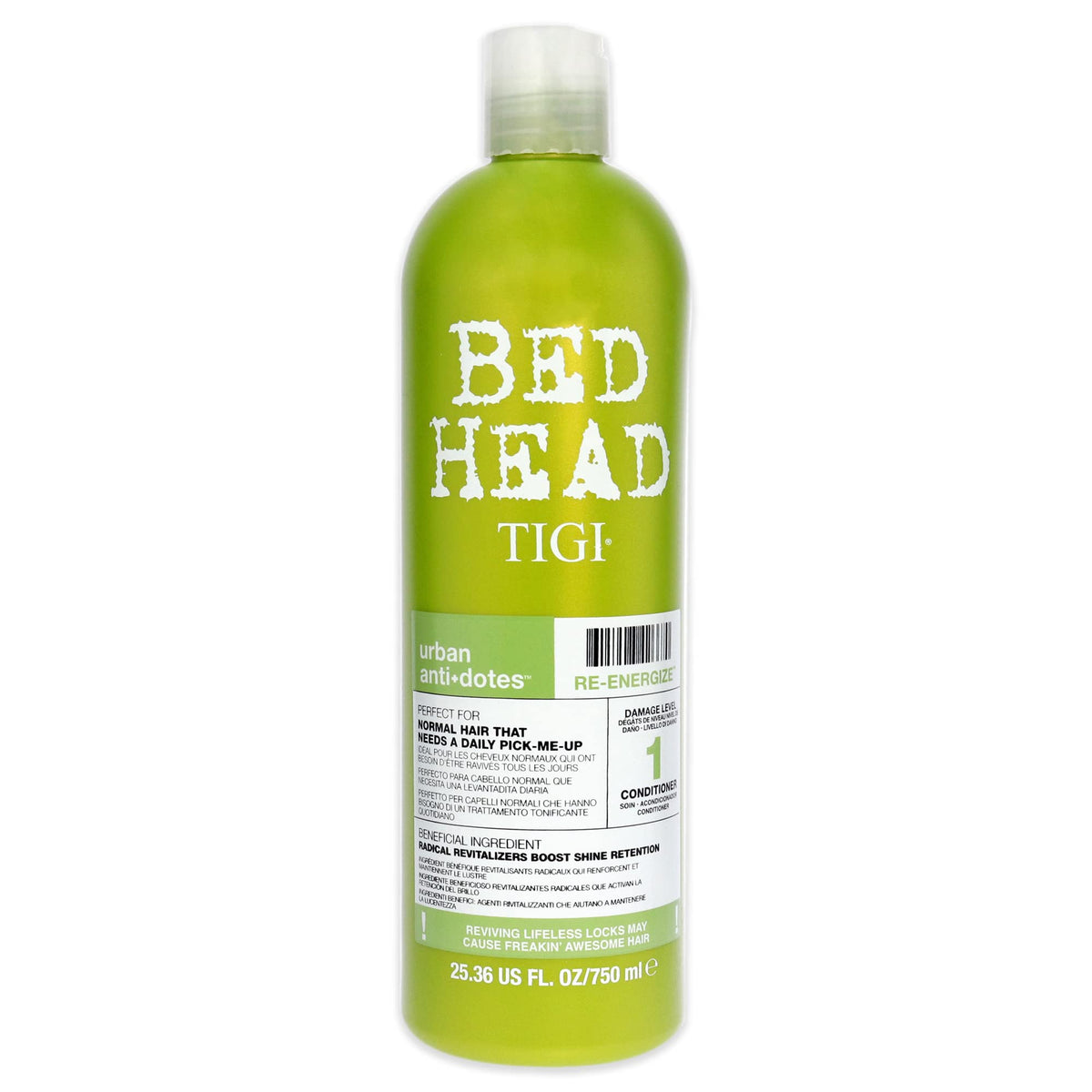 TIGI Bed Head bottle front view showing label and size for convenient daily use