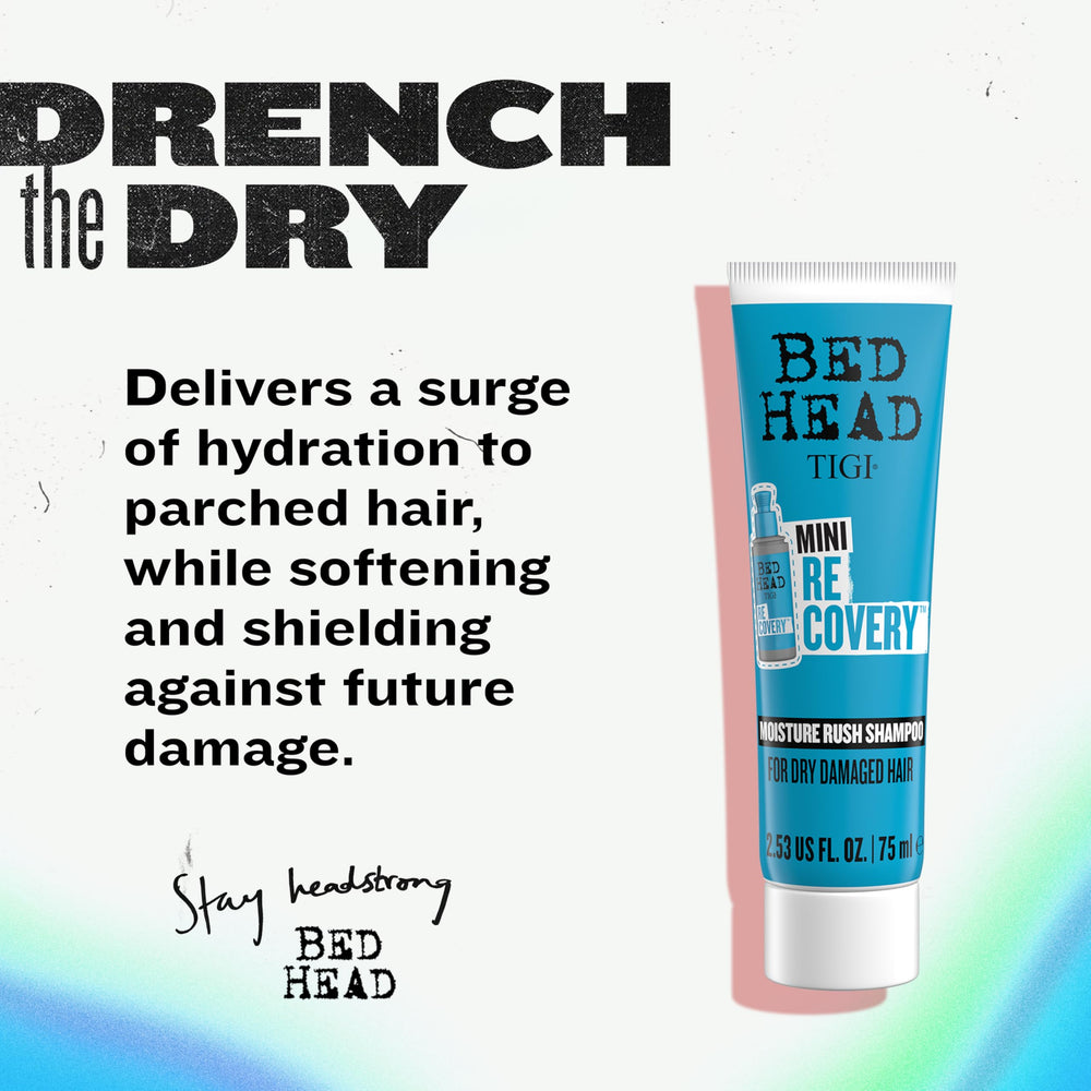 TIGI Bed Head travel shampoo back label close-up listing ingredients and usage benefits