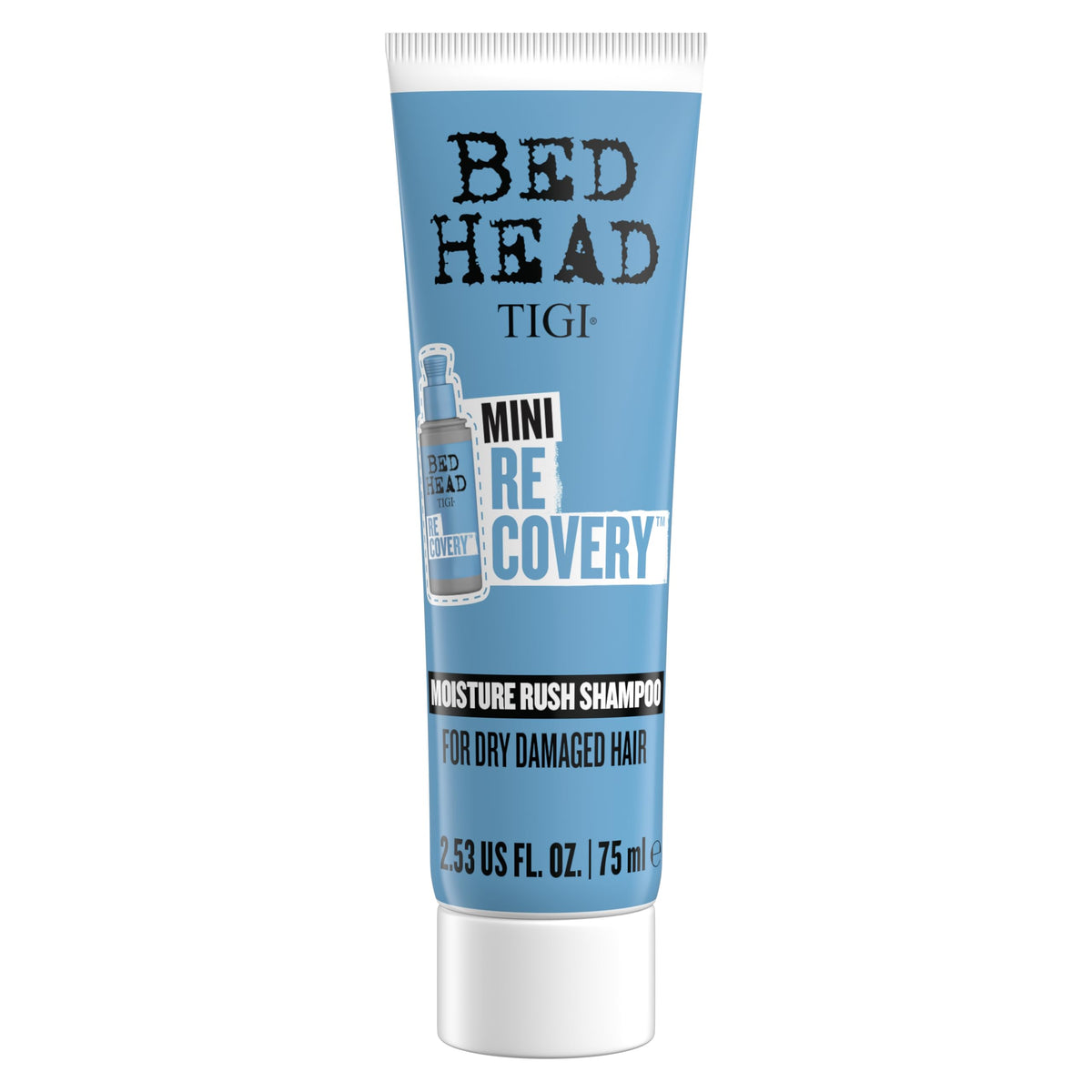 TIGI Bed Head travel shampoo front view showing compact bottle and branding benefit travel-ready