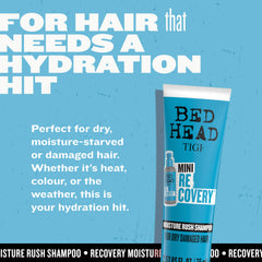 TIGI Bed Head travel shampoo beside passport to show compact size and packing convenience