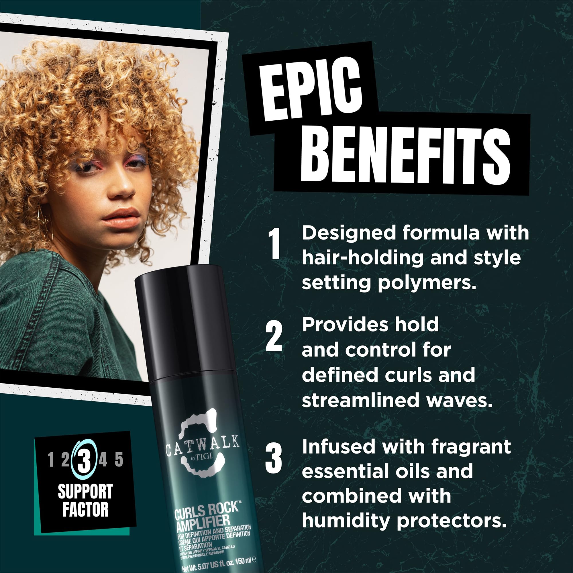 TIGI product being applied to damp curly hair demonstrating enhanced definition and control