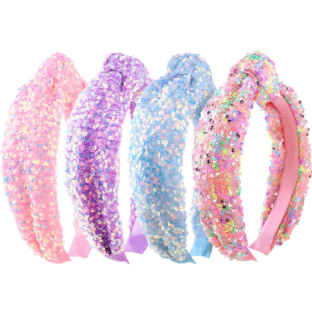 Tihebax front view of four glitter headbands showing colors and packaging, playful accessory