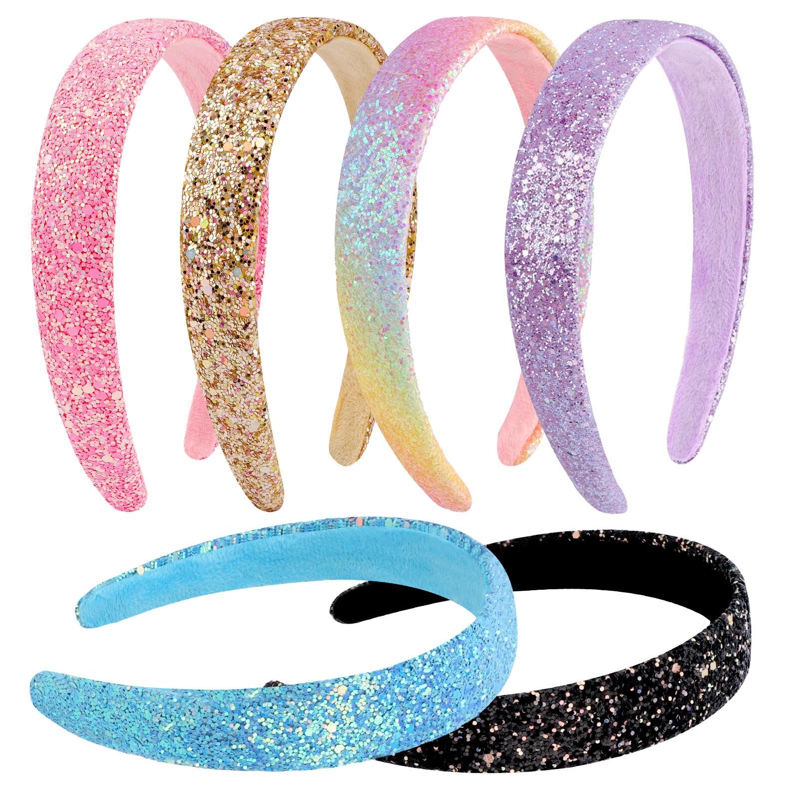 Tihebax six headbands flat lay showing colors and variety, adds outfit sparkle