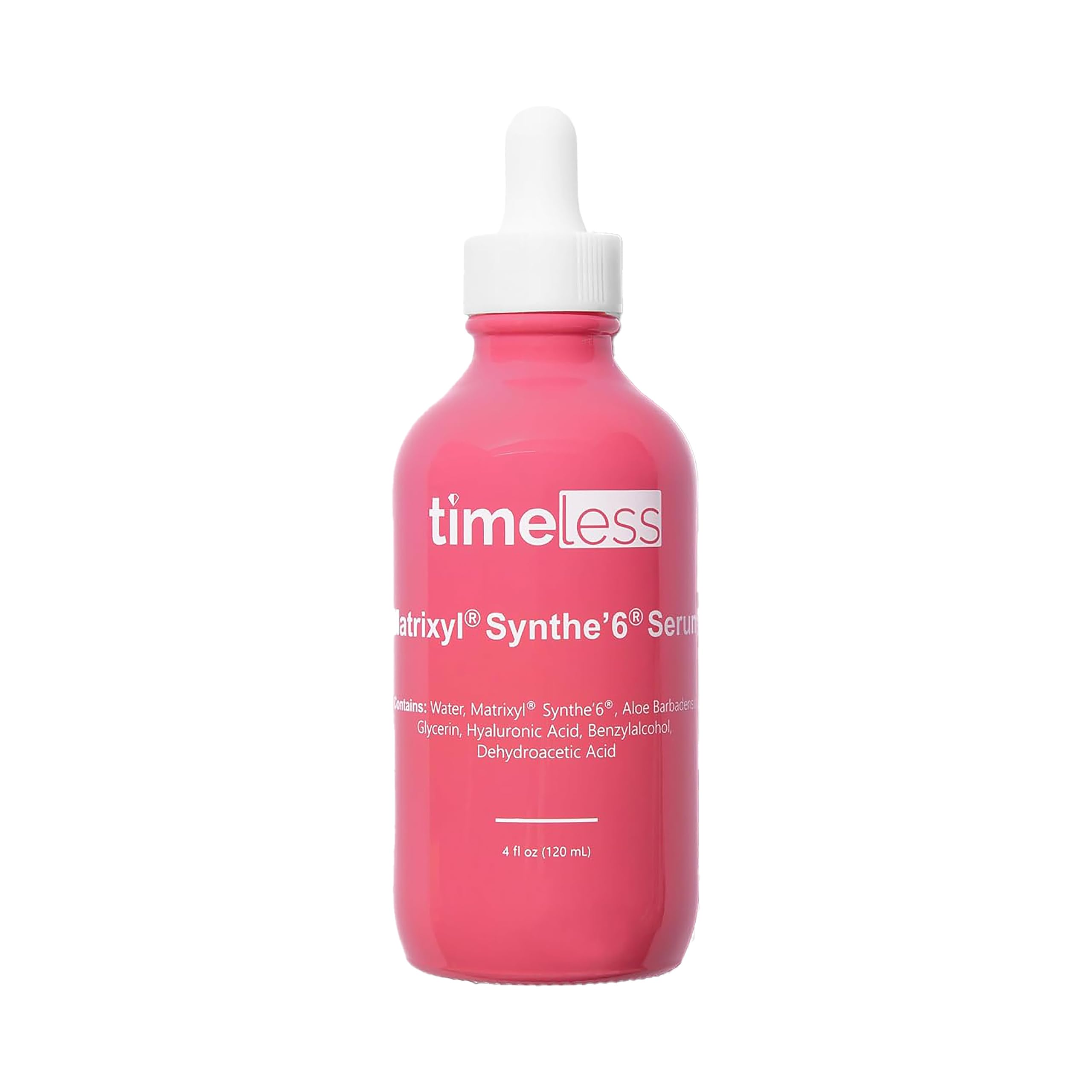Timeless Skin Care front bottle showing clean peptide serum packaging and easy application benefit