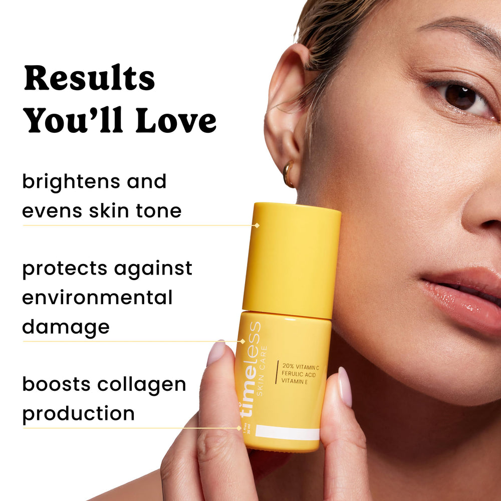 Timeless Skin Care applying serum on cheek for quick brightening benefit