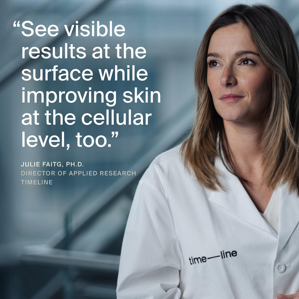Timeline Mitopure lifestyle model applying cream under eyes showing smoothing benefit