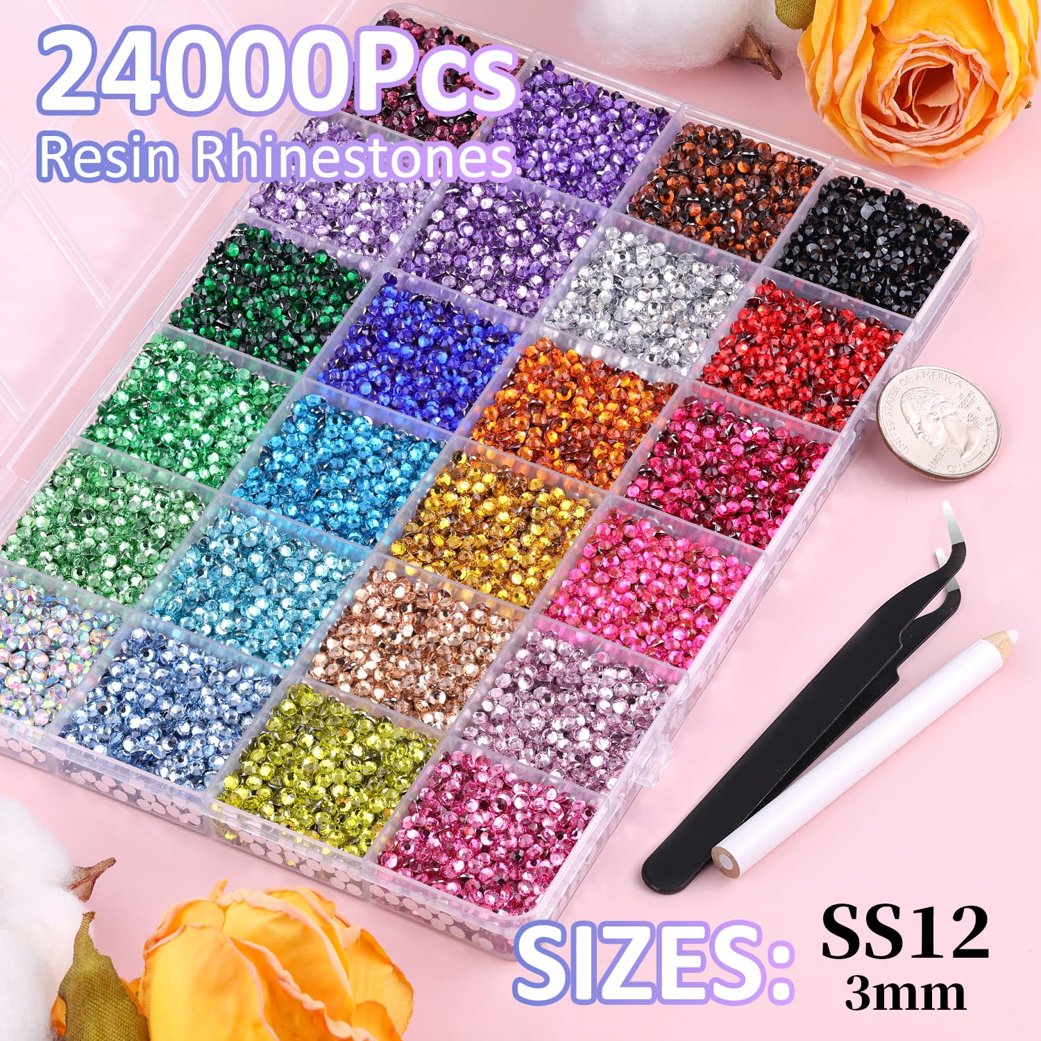 TINKRSTUFF 24-compartment grid open with organized multicolor 3mm stones for quick access