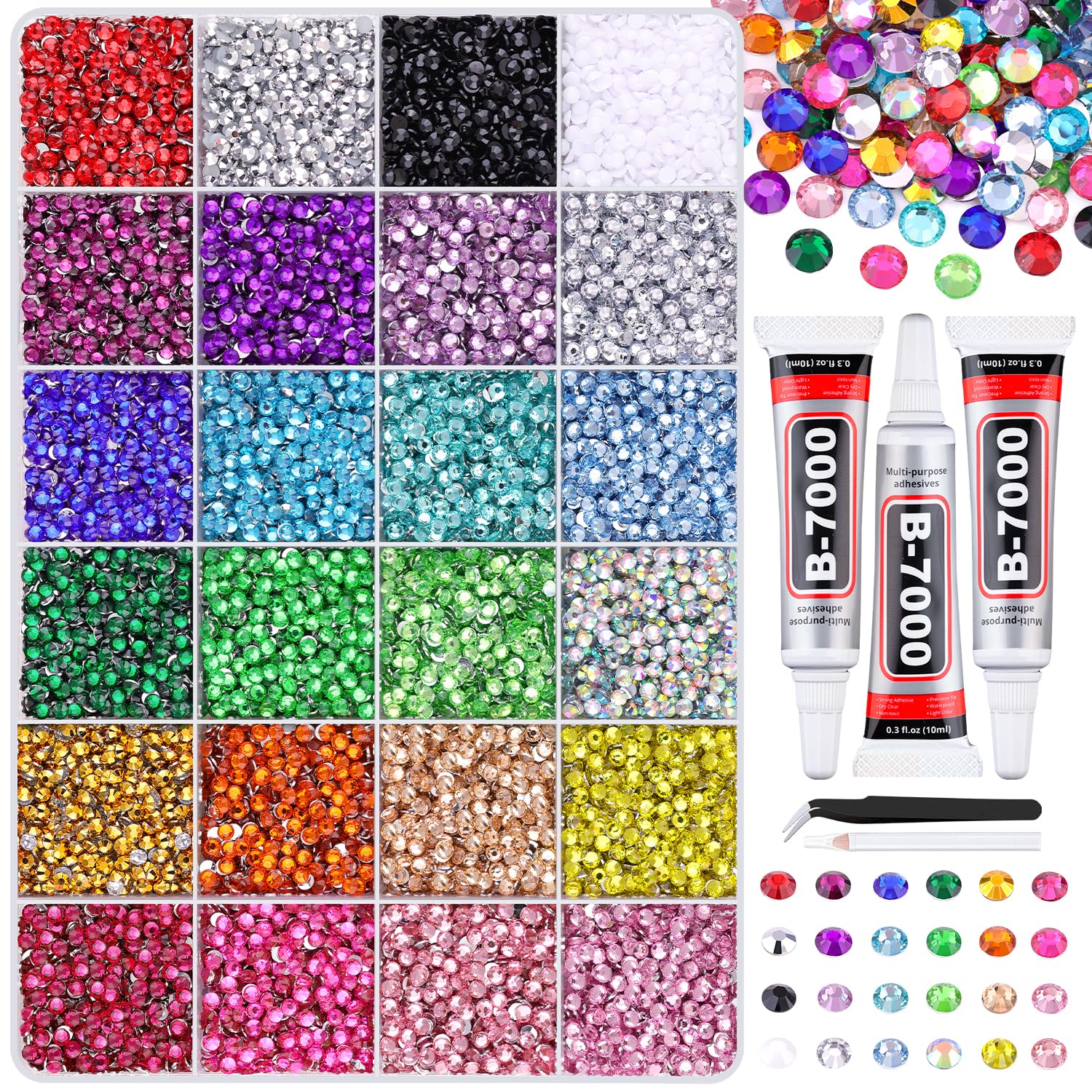 TINKRSTUFF front packaging showing 24,000 rhinestones and included tools for easy organization