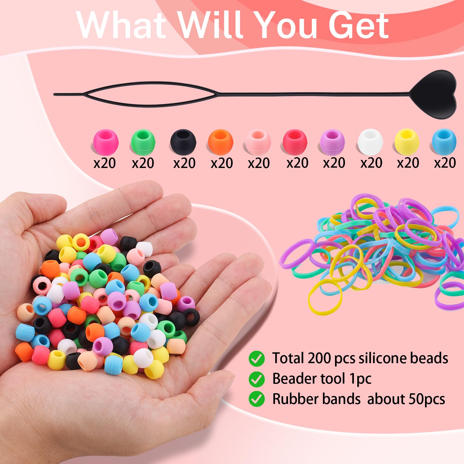 TINKRSTUFF beader and 50 rubber bands displayed for easy use