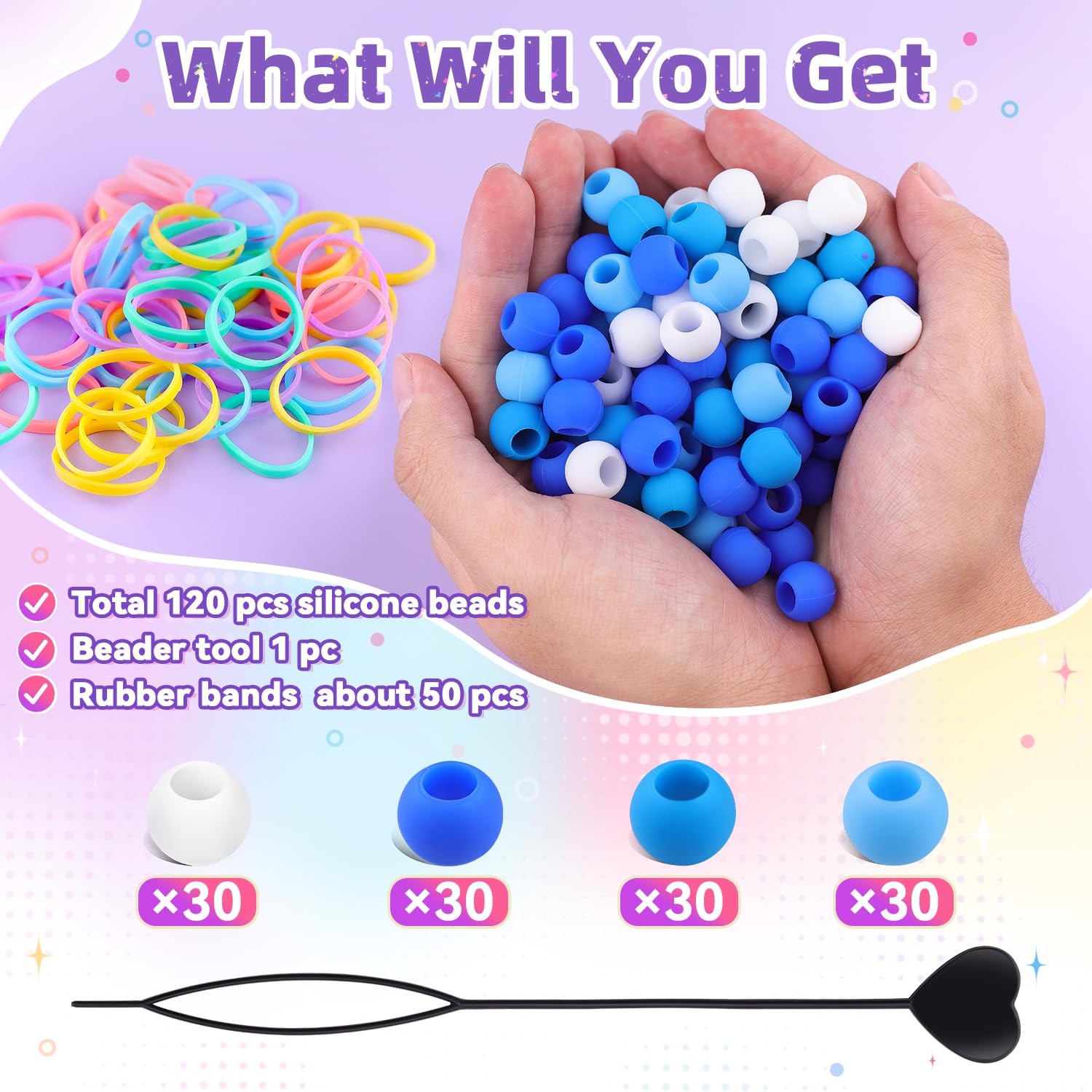 TINKRSTUFF beader tool and fifty elastic bands arranged for easy threading and secure hold