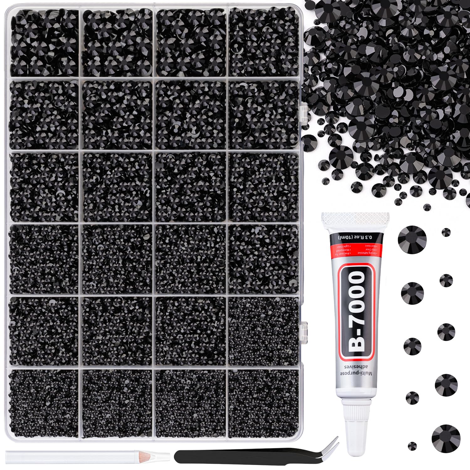 TINKRSTUFF front packaging showing mixed-size black rhinestones and box benefits