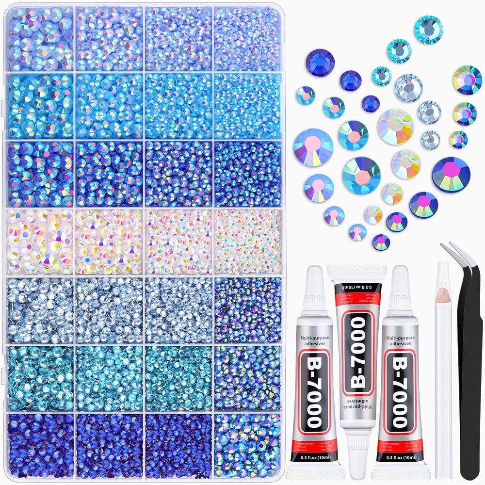 TINKRSTUFF open grid box showing organized blue rhinestones and easy access