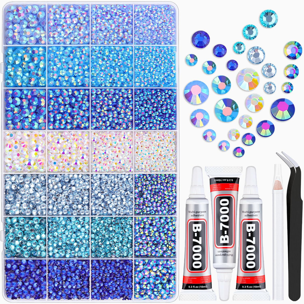 TINKRSTUFF open grid box showing organized blue rhinestones and easy access
