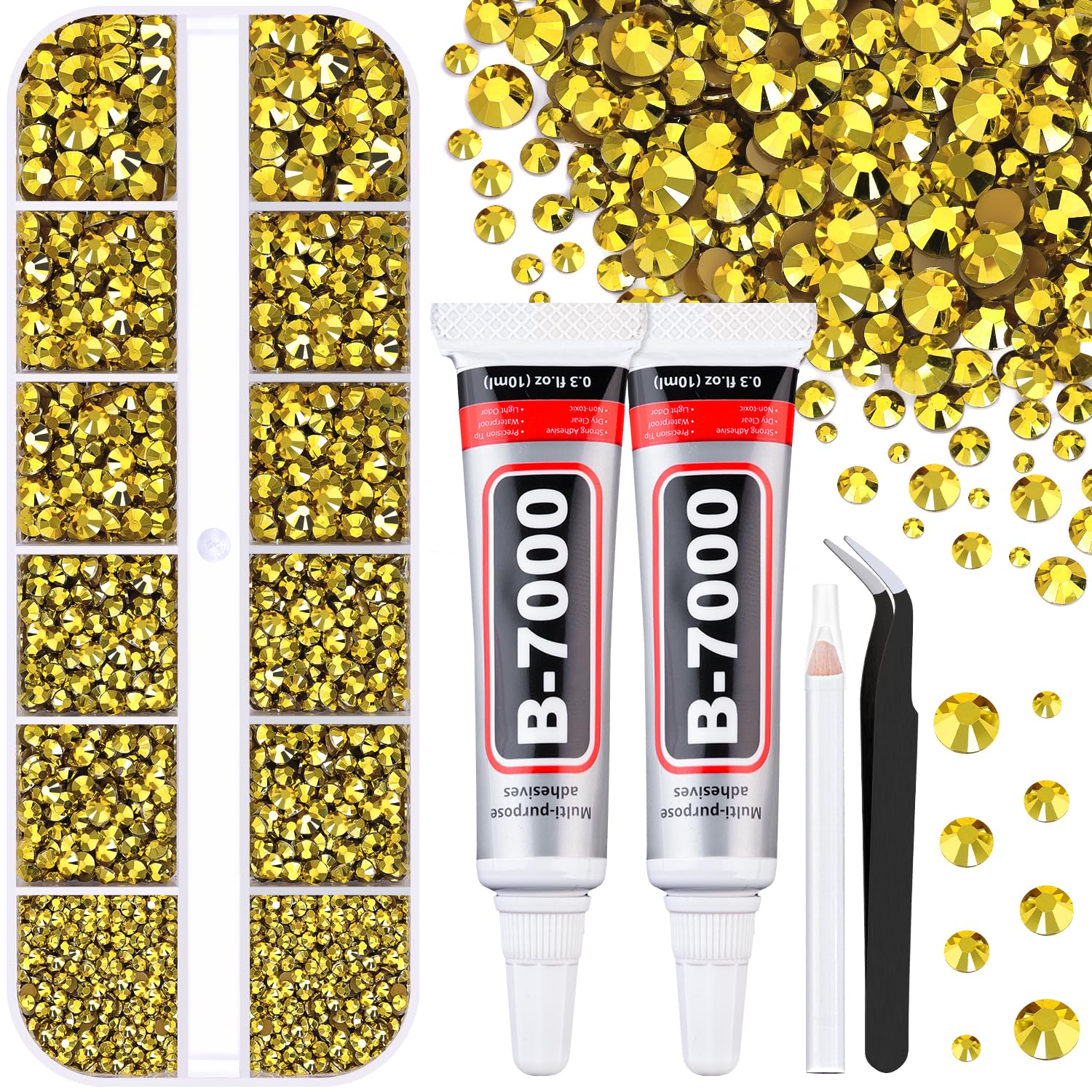TINKRSTUFF front packaging showing organized bright gold rhinestones and tools for instant use