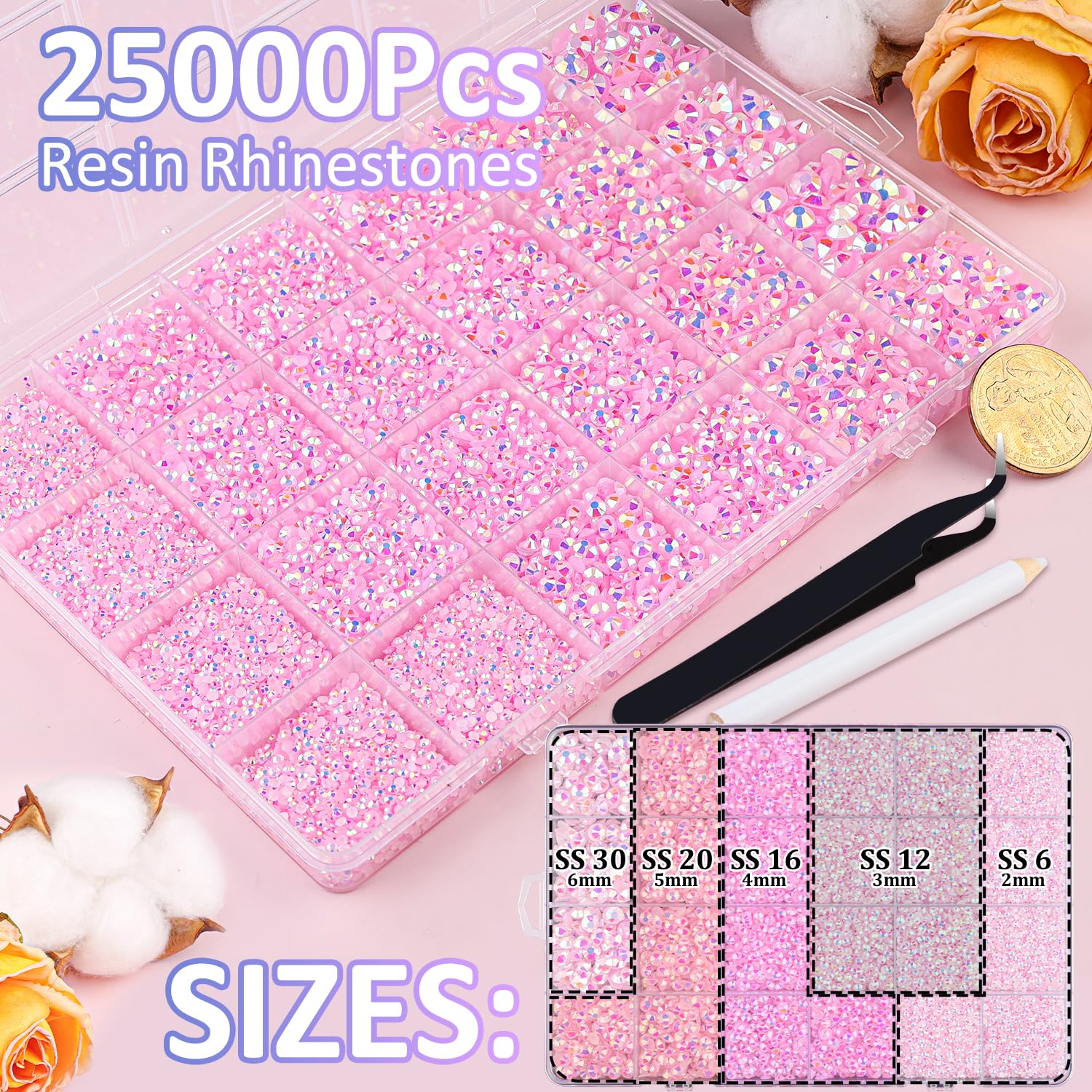 TINKRSTUFF close-up mixed 2–6mm rhinestones showing size variety for precise designs
