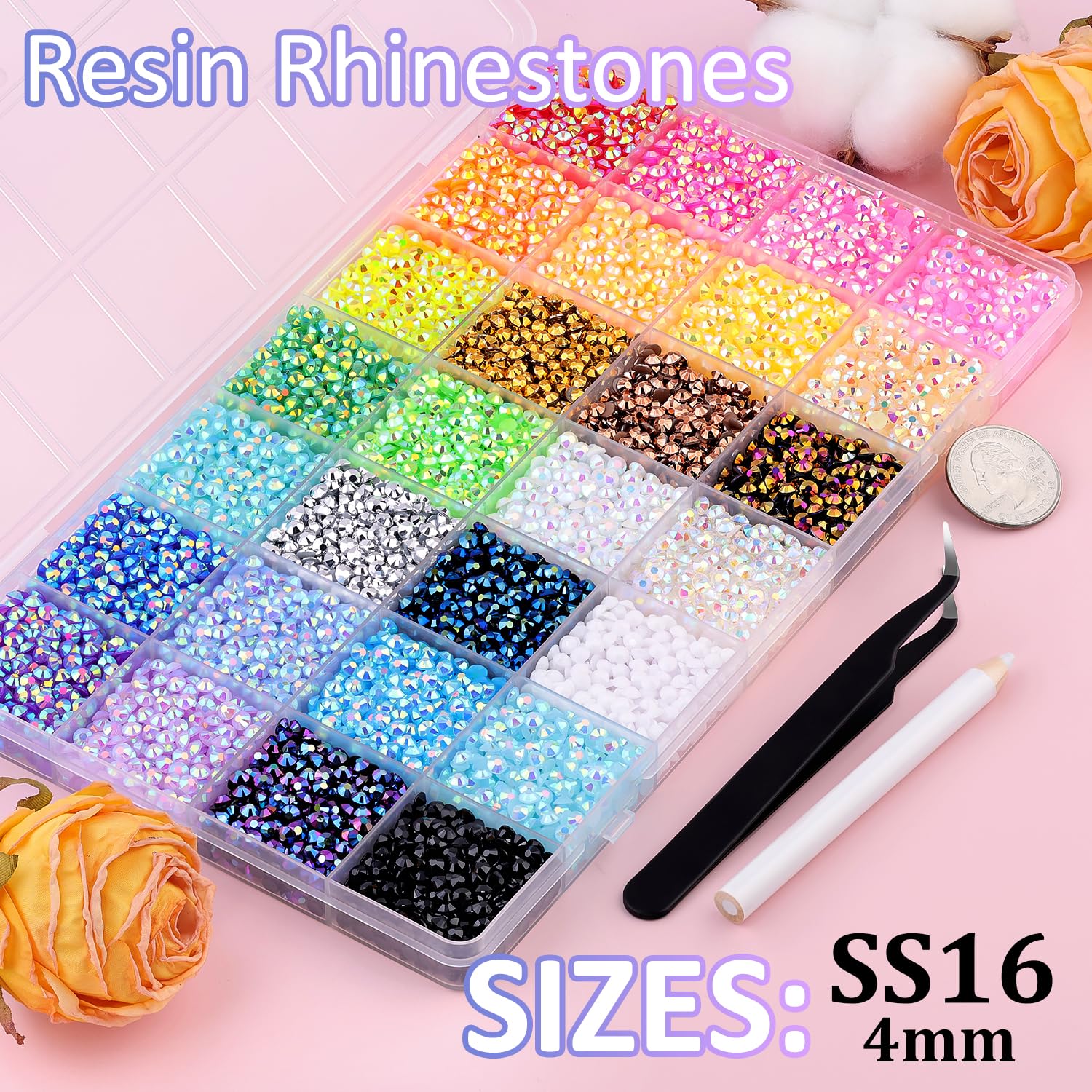 TINKRSTUFF close-up of 4mm resin rhinestones showing iridescent AB finish for lasting sparkle