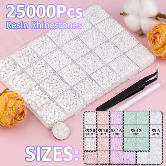TINKRSTUFF open 24-grid compartment box with mixed 2–6mm white rhinestones for quick selection