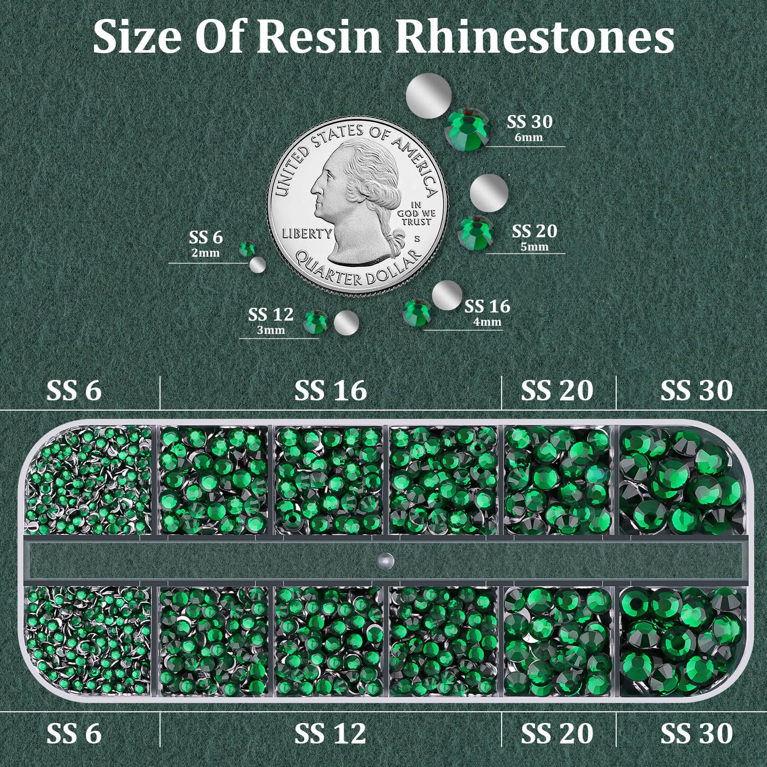 TINKRSTUFF close-up of faceted dark green resin rhinestones highlighting reflective sparkle
