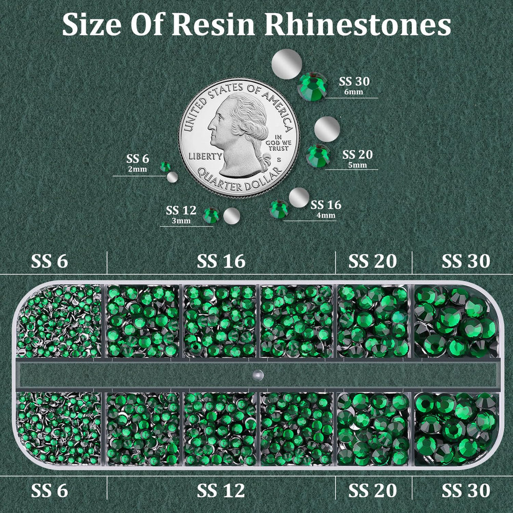 TINKRSTUFF close-up of faceted dark green resin rhinestones highlighting reflective sparkle