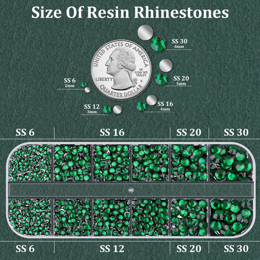 TINKRSTUFF close-up of faceted dark green resin rhinestones highlighting reflective sparkle
