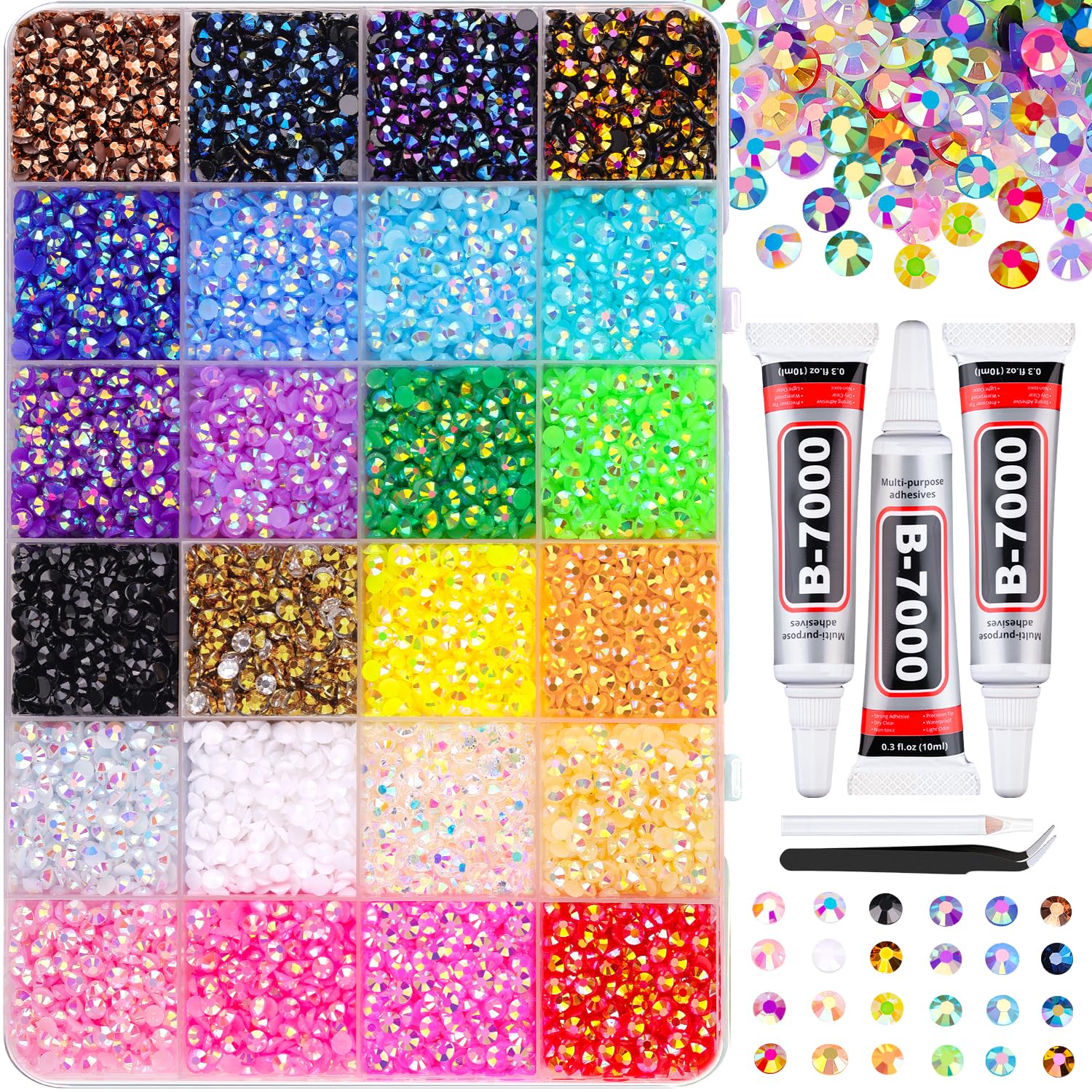 TINKRSTUFF front-box view showing organized 24-grid storage and mixed-color gems, ideal for bulk crafting