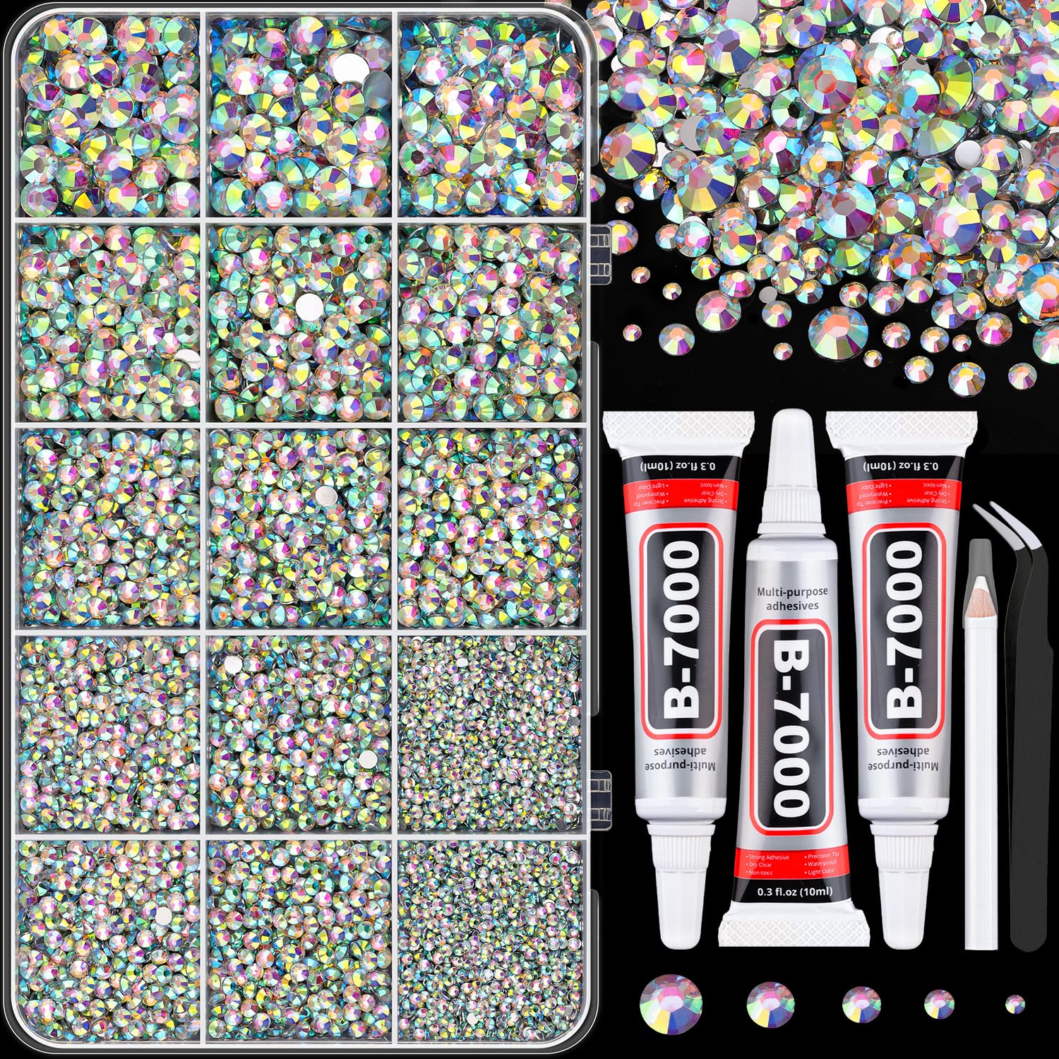 TINKRSTUFF front box layout showing 24 grid compartments and gems for organized storage