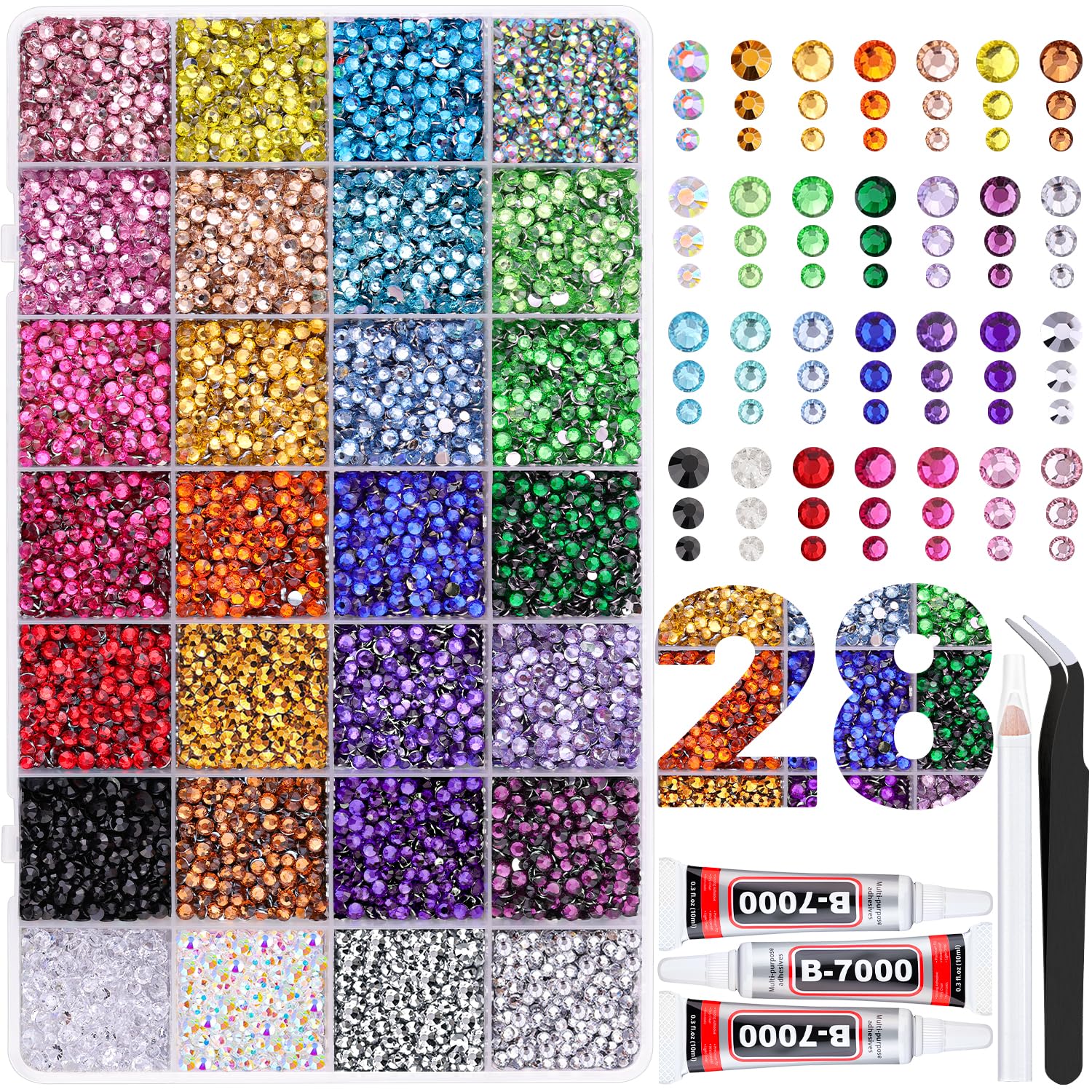 TINKRSTUFF front view of open box showing 28-grid storage and colorful gems for easy access
