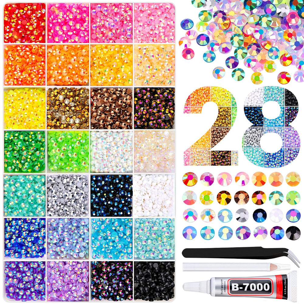 TINKRSTUFF open box with 28 compartments showing mixed-color rhinestones for organized crafting