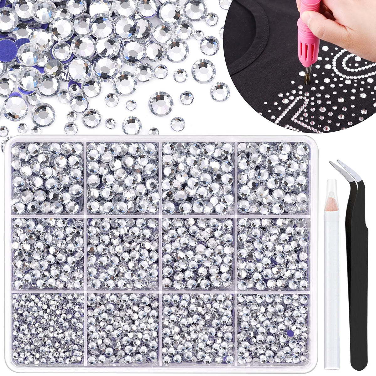 TINKRSTUFF front box of 6800 clear hotfix rhinestones showing organized grids and quantity benefit