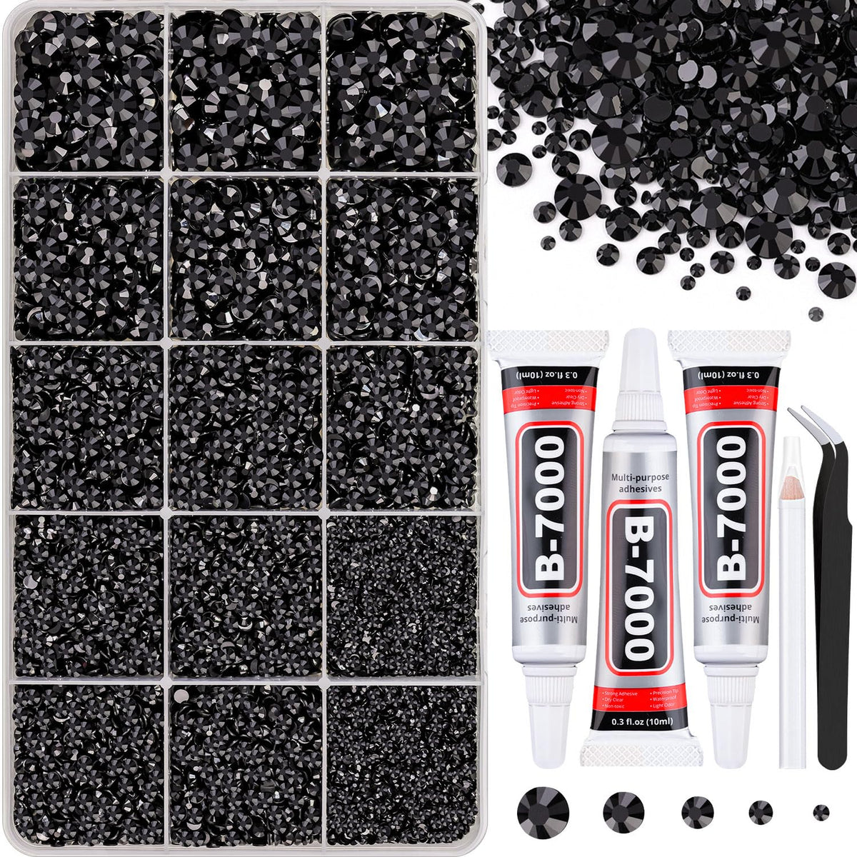 TINKRSTUFF front box with organized grids showing black rhinestones for easy selection