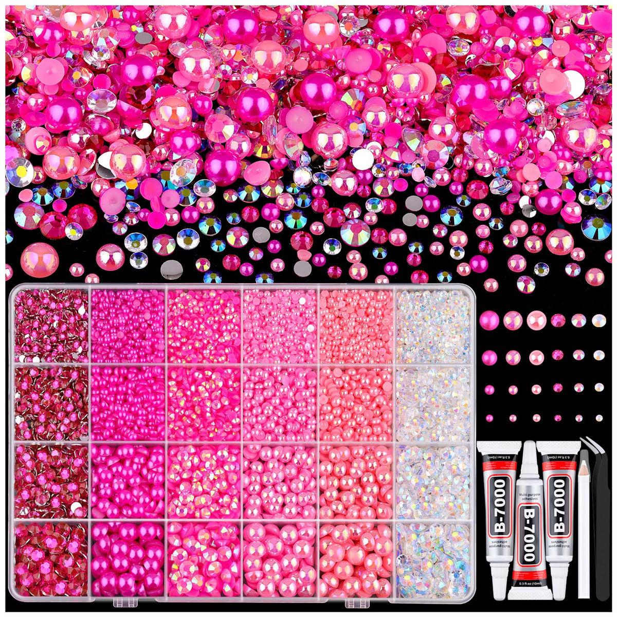 TINKRSTUFF open kit showing assorted pearls and rhinestones for instant crafting
