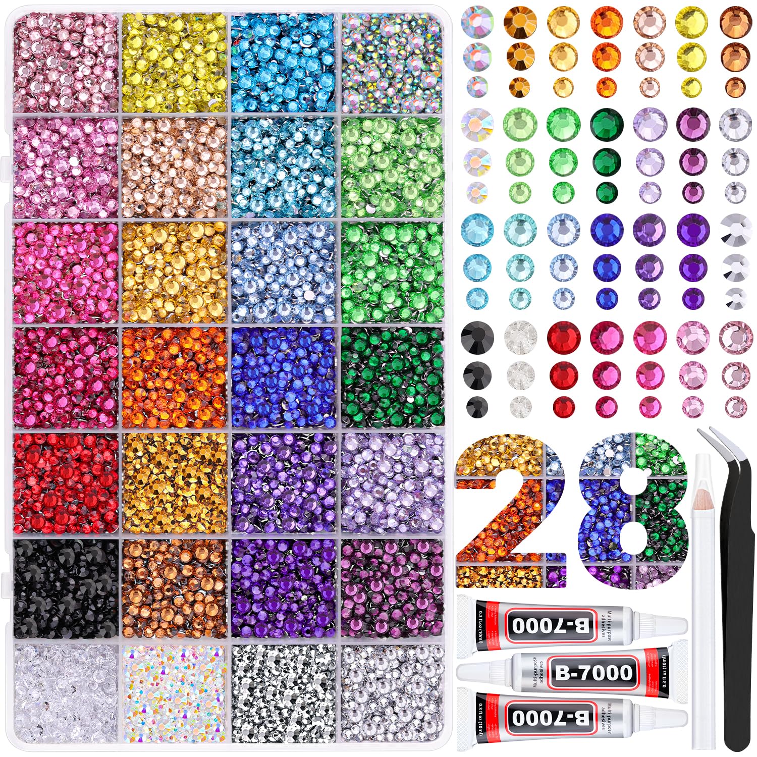 TINKRSTUFF front packaging showing complete 28-grid rhinestone kit and accessories, convenient storage