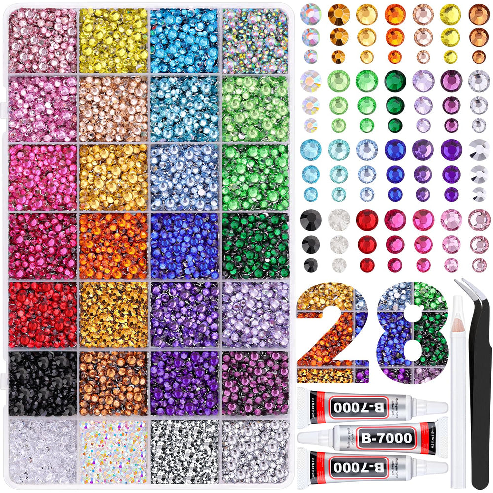 TINKRSTUFF front packaging showing complete 28-grid rhinestone kit and accessories, convenient storage