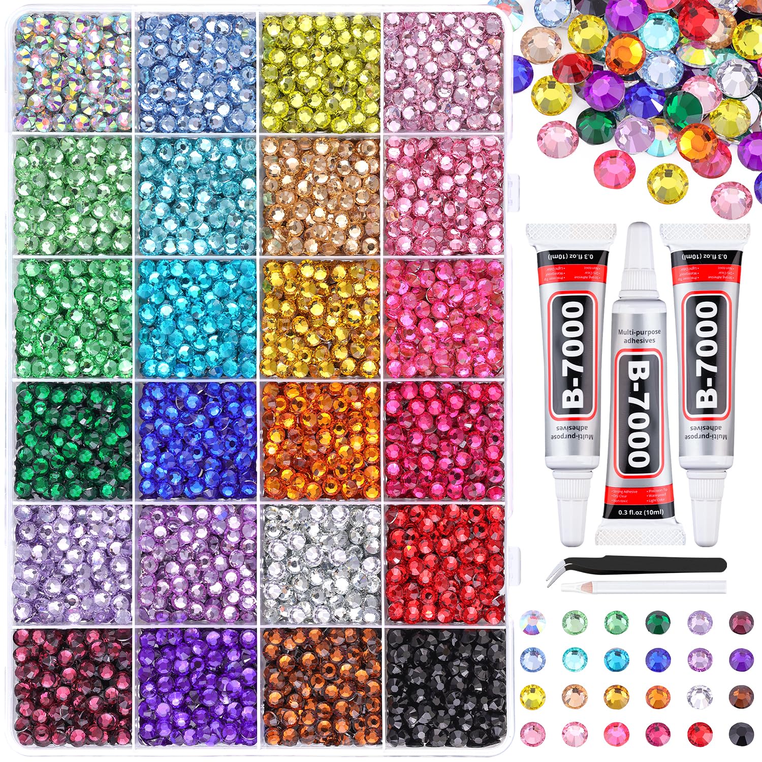TINKRSTUFF open box showing organized 24-grid and colorful rhinestones for quick access
