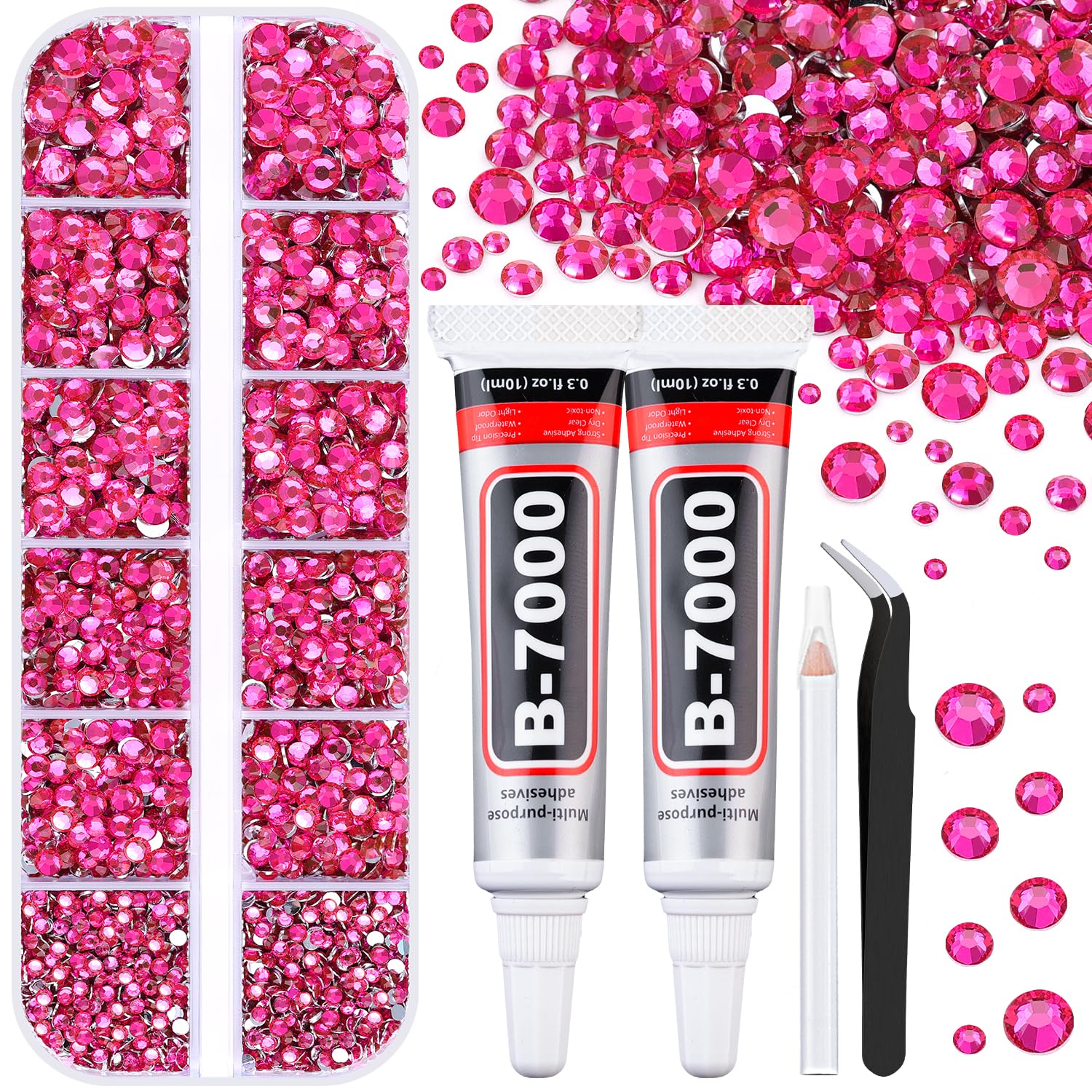 TINKRSTUFF front package showing hot pink rhinestones and included tools for convenience