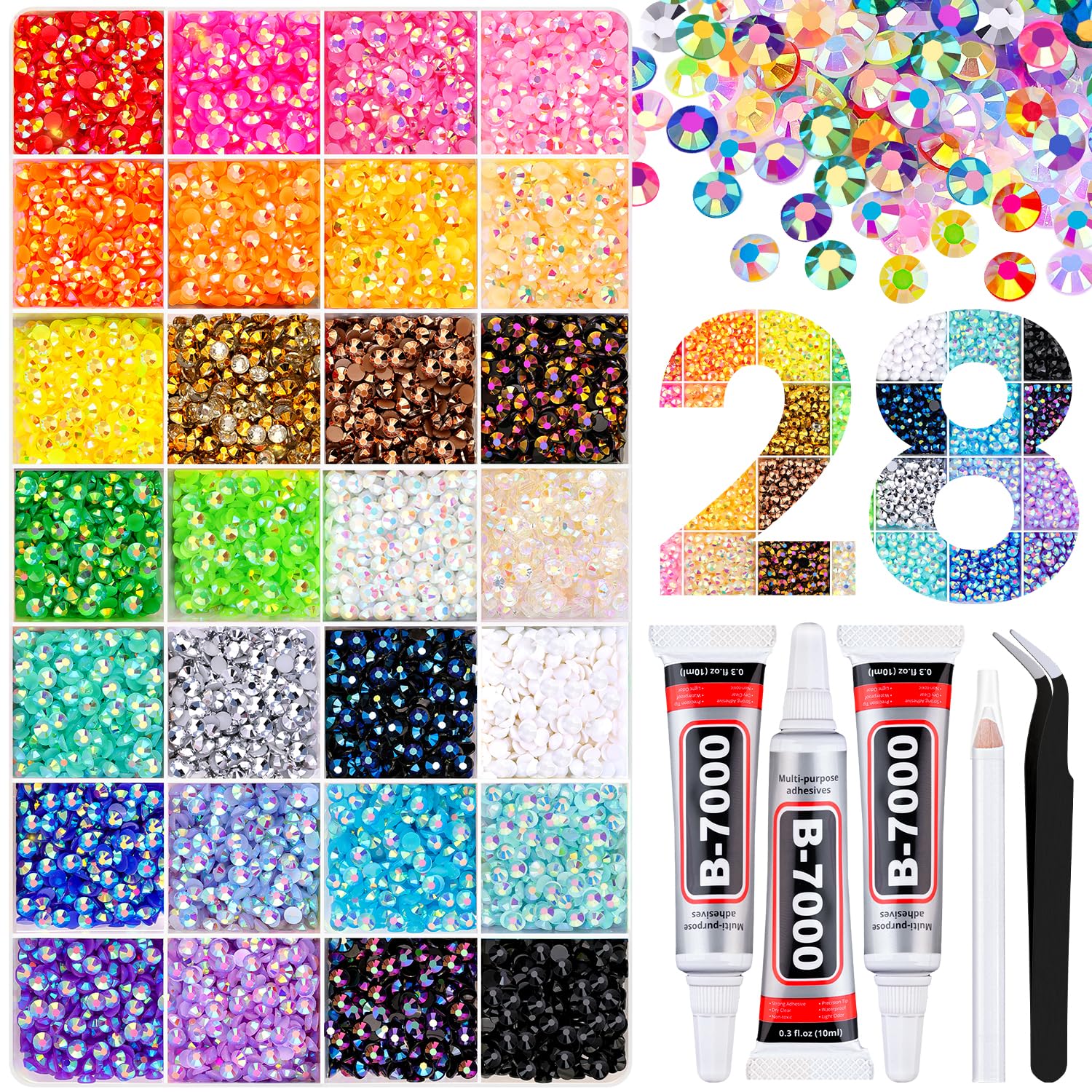 TINKRSTUFF front packaging showing 16000pcs mixed-color rhinestones and tools, inspiring project variety