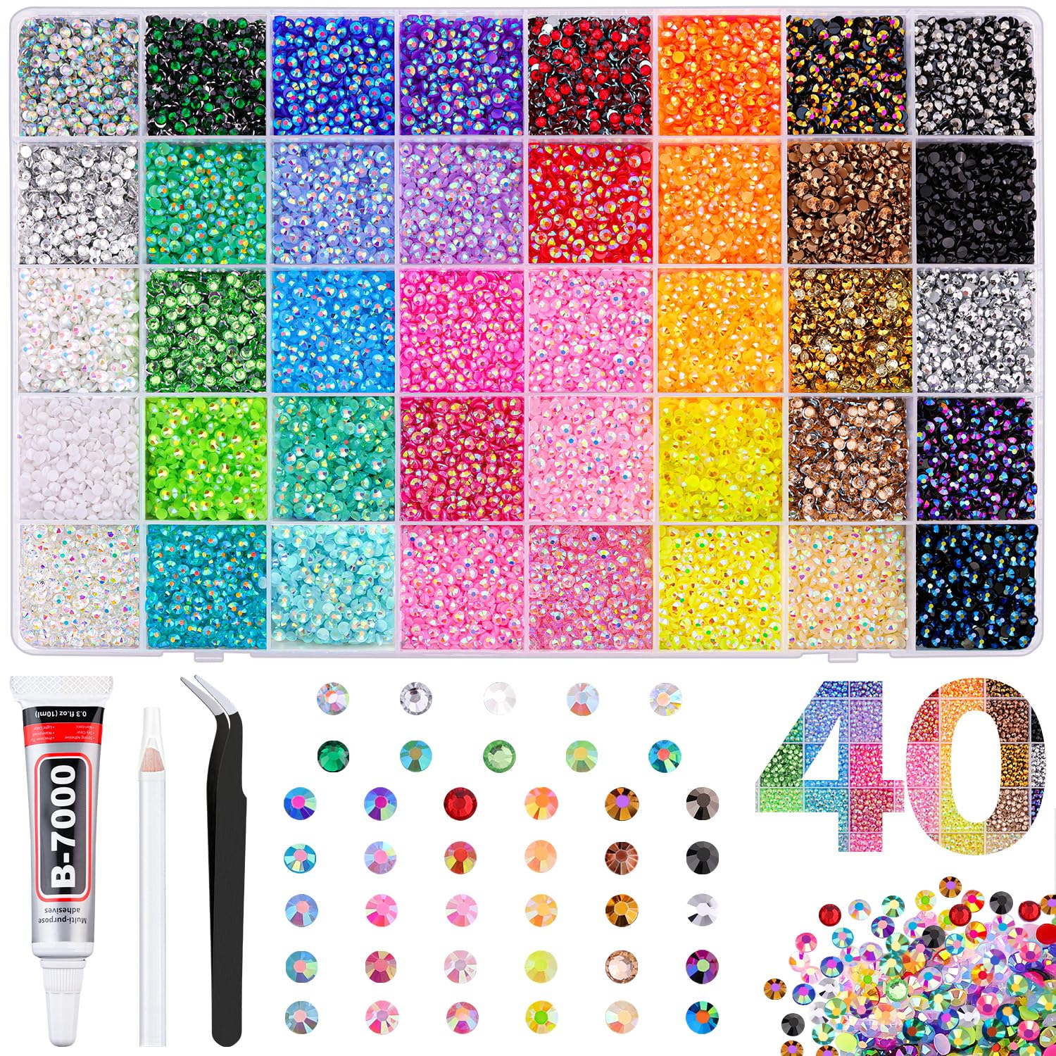TINKRSTUFF front packaging showing 40,000 rhinestones and box for easy storage and selection