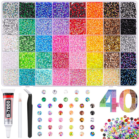 TINKRSTUFF front packaging showing 40,000 rhinestones and box for easy storage and selection