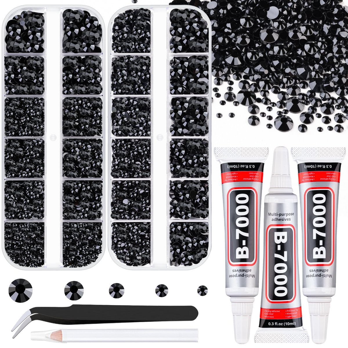 TINKRSTUFF front packaging showing black flatback rhinestone kit for easy start