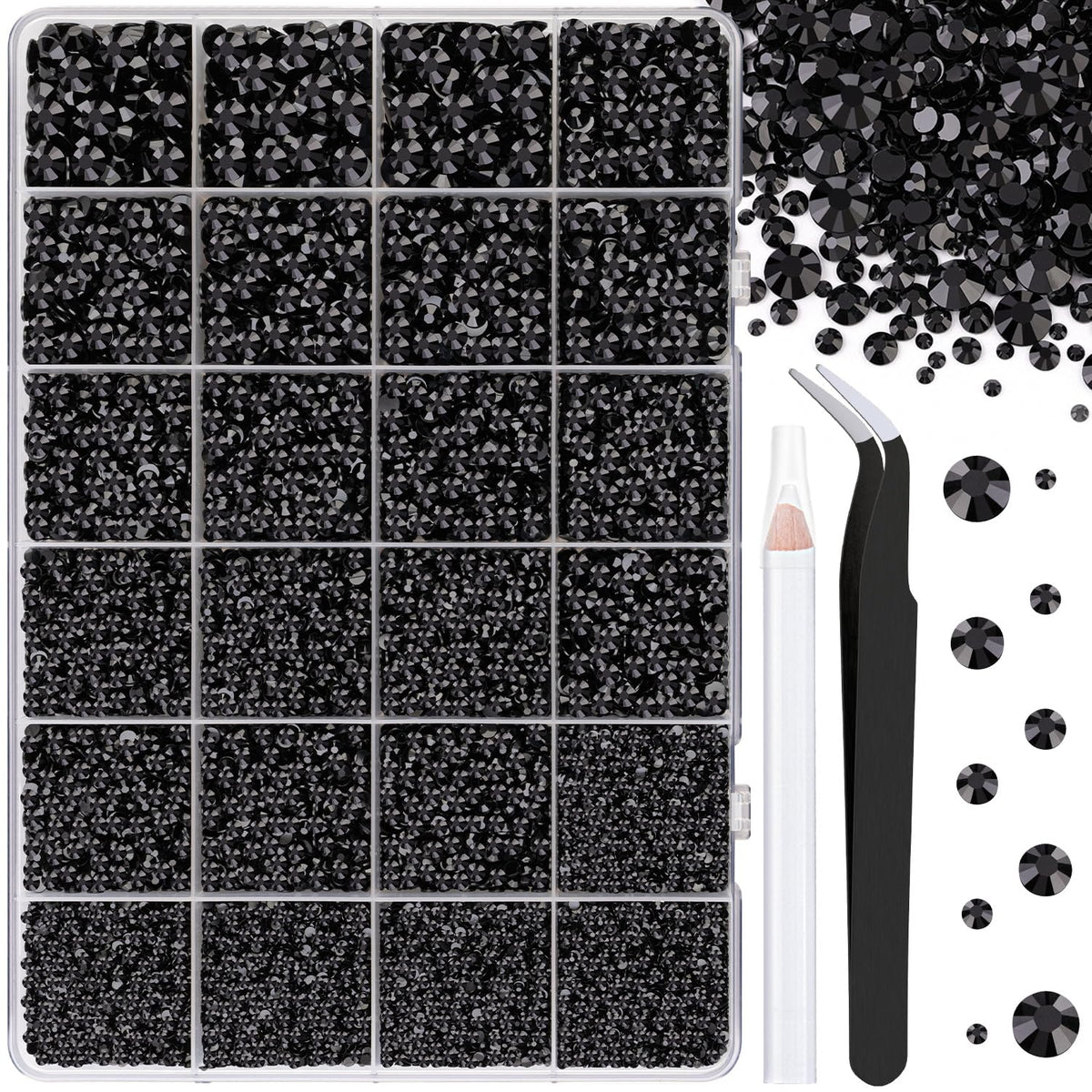 TINKRSTUFF front packaging showing black rhinestones and included tools, organized storage benefit