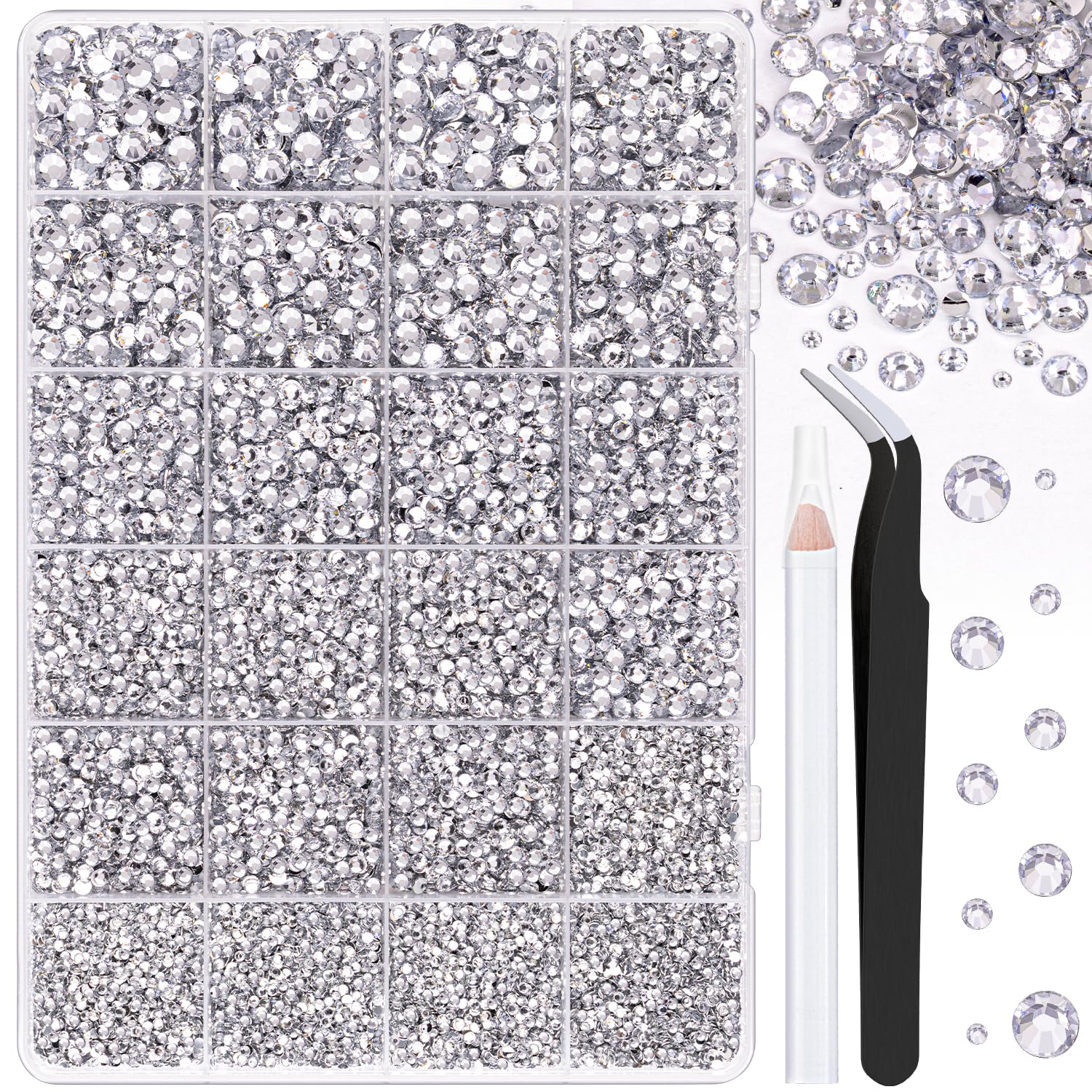 TINKRSTUFF front packaging showing 25,000 rhinestones and included tools for convenience