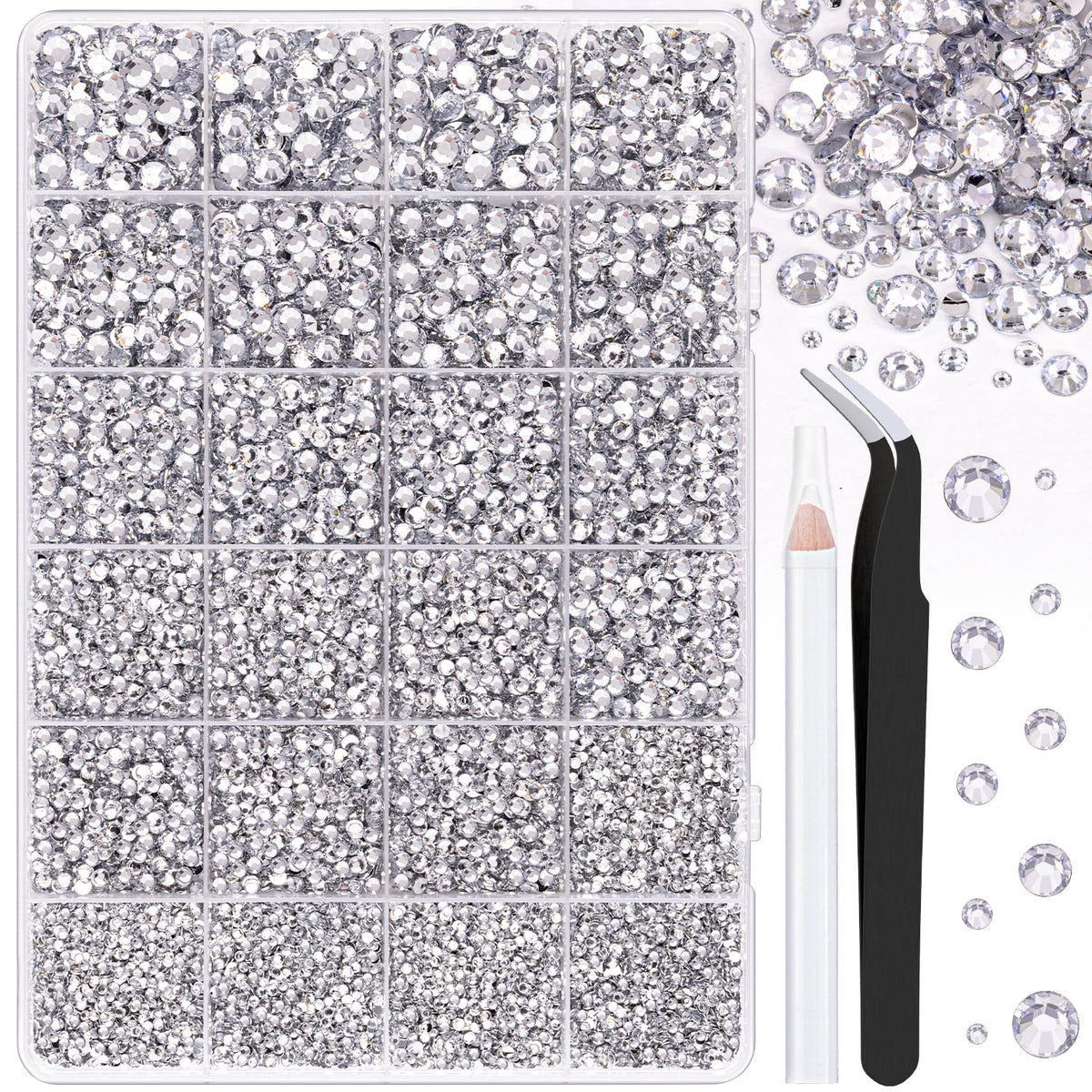 TINKRSTUFF front packaging showing 25,000 rhinestones and included tools for convenience