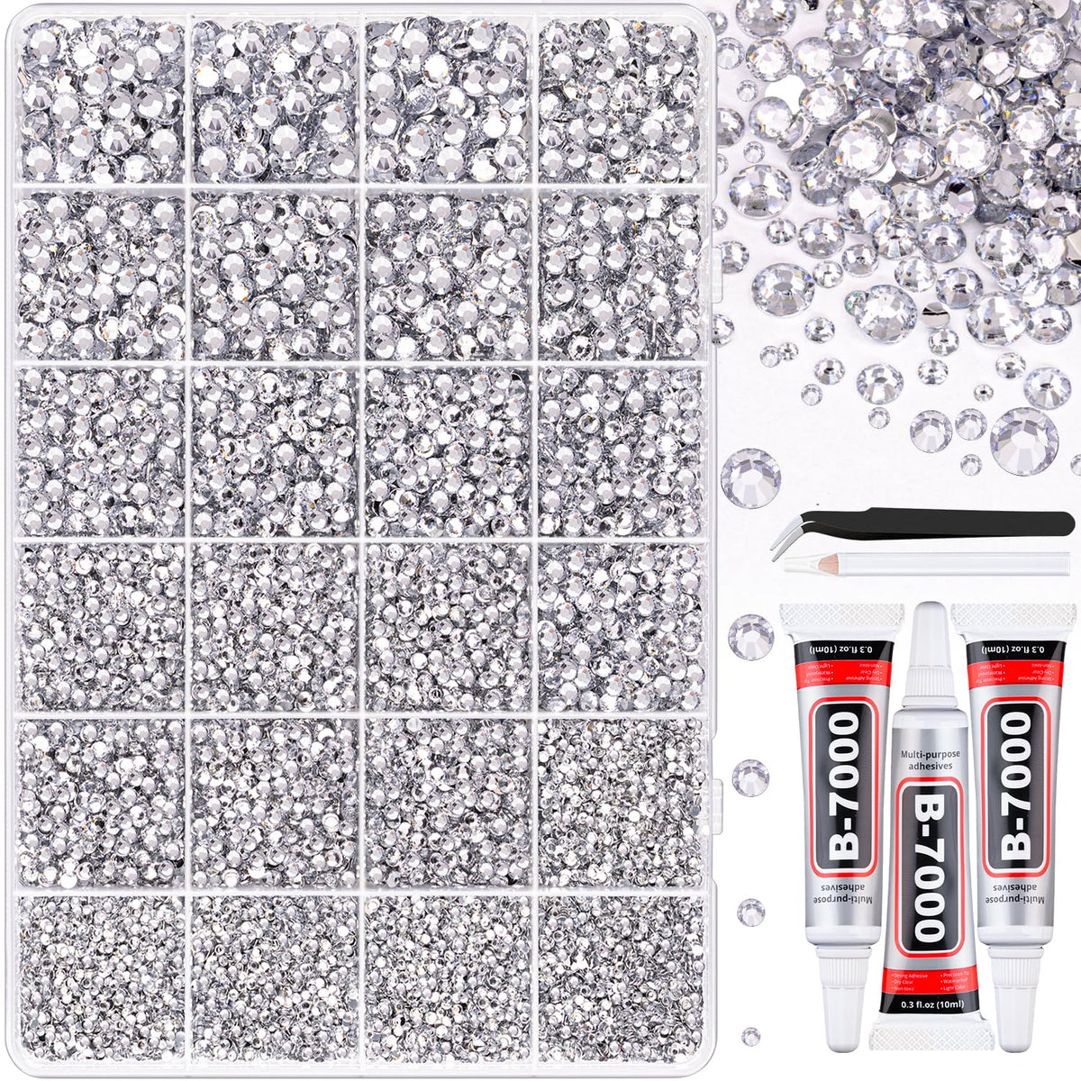 TINKRSTUFF front packaging showing 24-grid box and clear rhinestones for easy storage and use