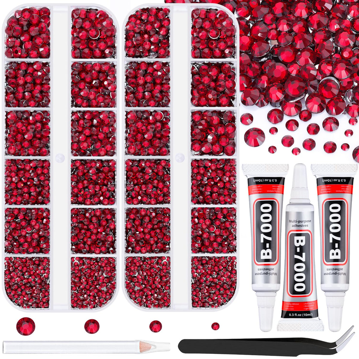 TINKRSTUFF front packaging showing full dark red rhinestone kit and glue